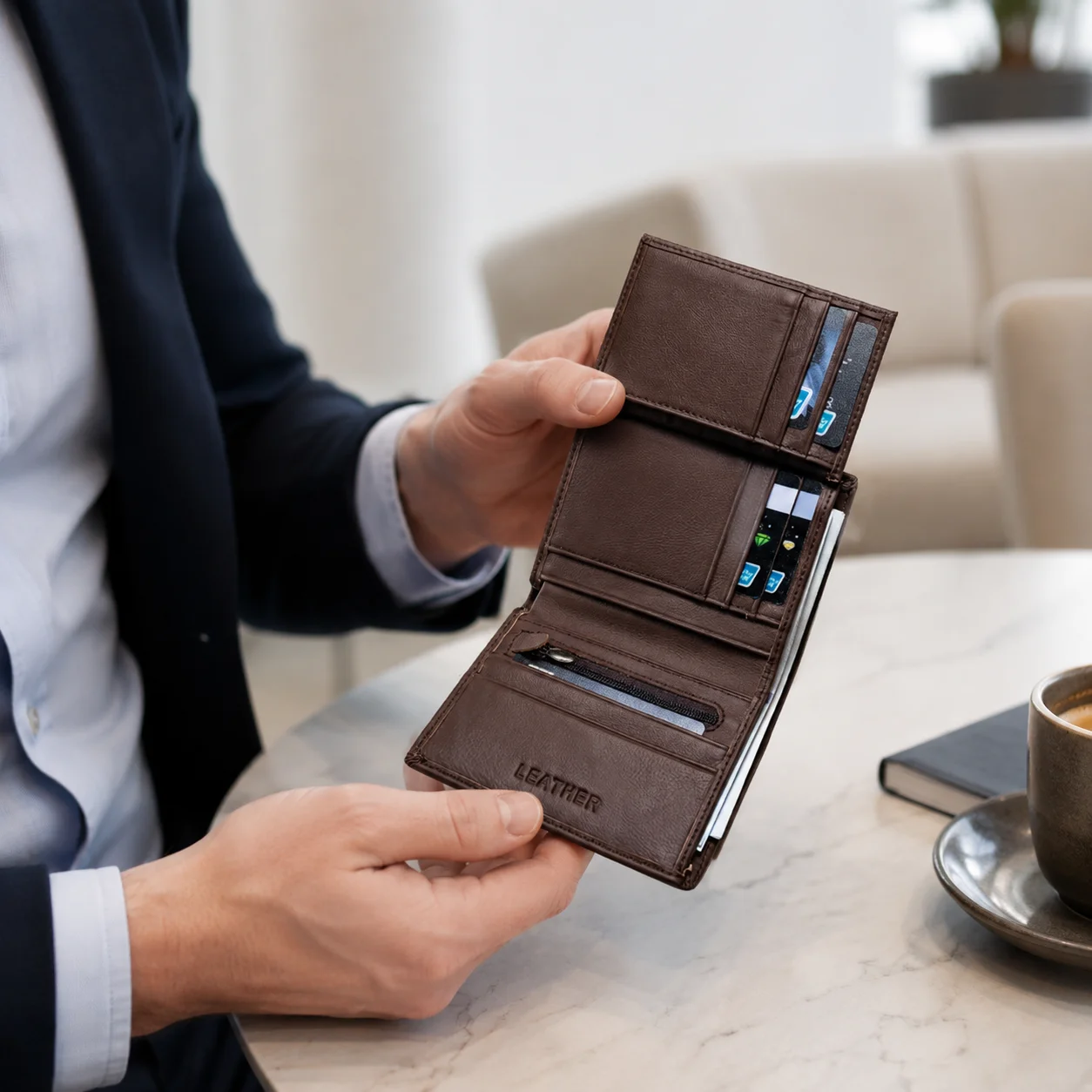 Men Leather Wallet Genuine Cowhide Tri Fold Wallet Classic Business Card Holder Large Capacity Cash Coin Pocket For Daily Use