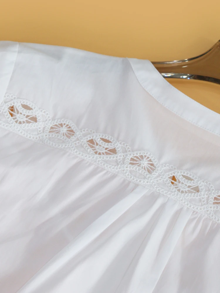 Elegant White Embroidered Hollow Pattern round Neck Shirt Skirt Set Women's Cotton Breathable Spring Fashion Heidd