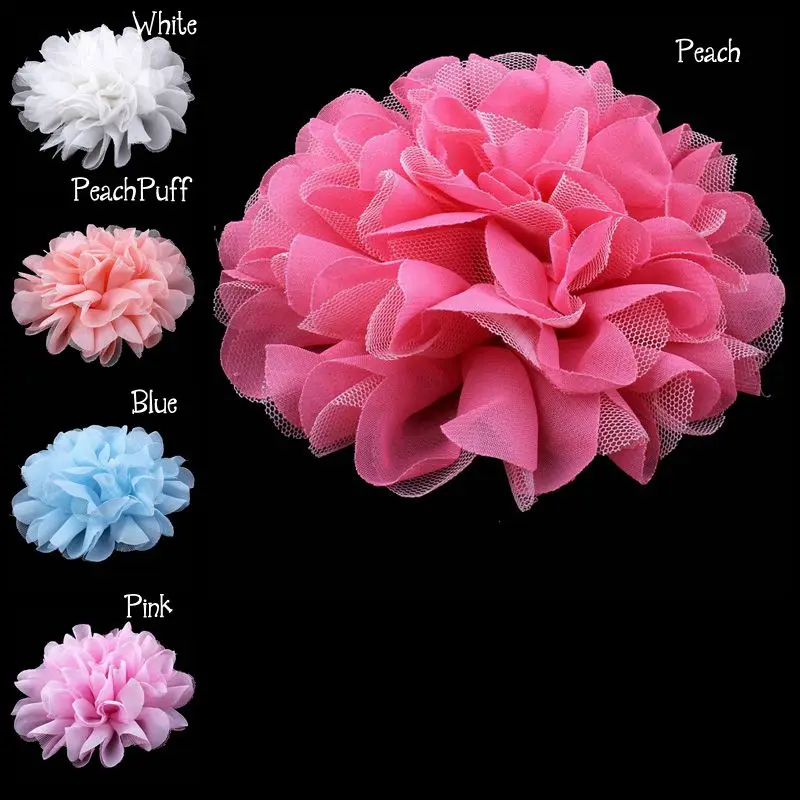 10pcs/lot)12CM 5 Colors Chic Large Mesh tulle Fabric Flower For Sweet Girl Pastel Color FlatBack Chiffon Flower For Headbands