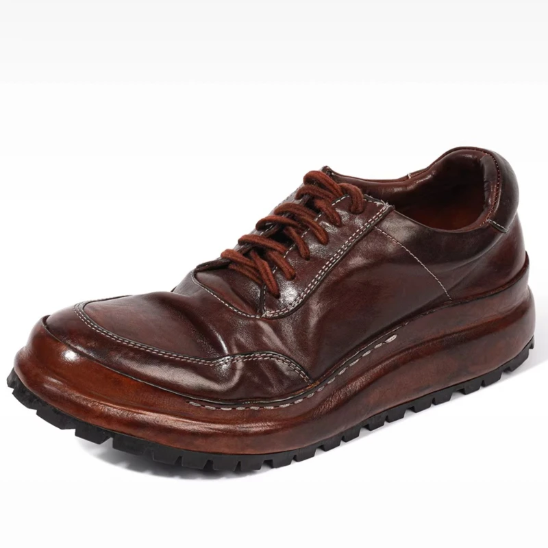 British High End Retro Washed Horse Leather Shoes Men's Breathable Horsehide Casual Leather Shoes Hand-sewn Goodyear Daddy Shoes