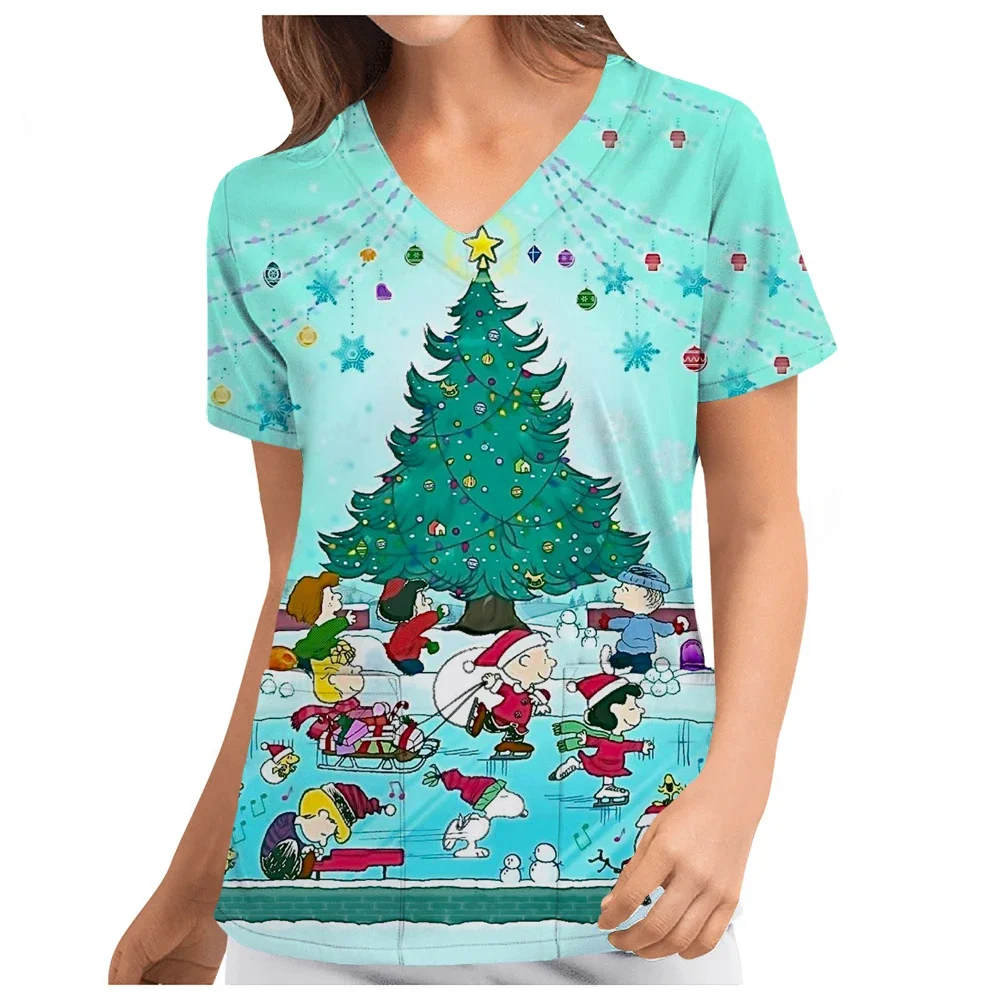 

Скраб с принтом Снупи, женские топы с карманами для кормления, с коротким рукавом и v-образным вырезом, рождественские скрабы с принтом, топы для женщин, большие размеры S-3XL, лето