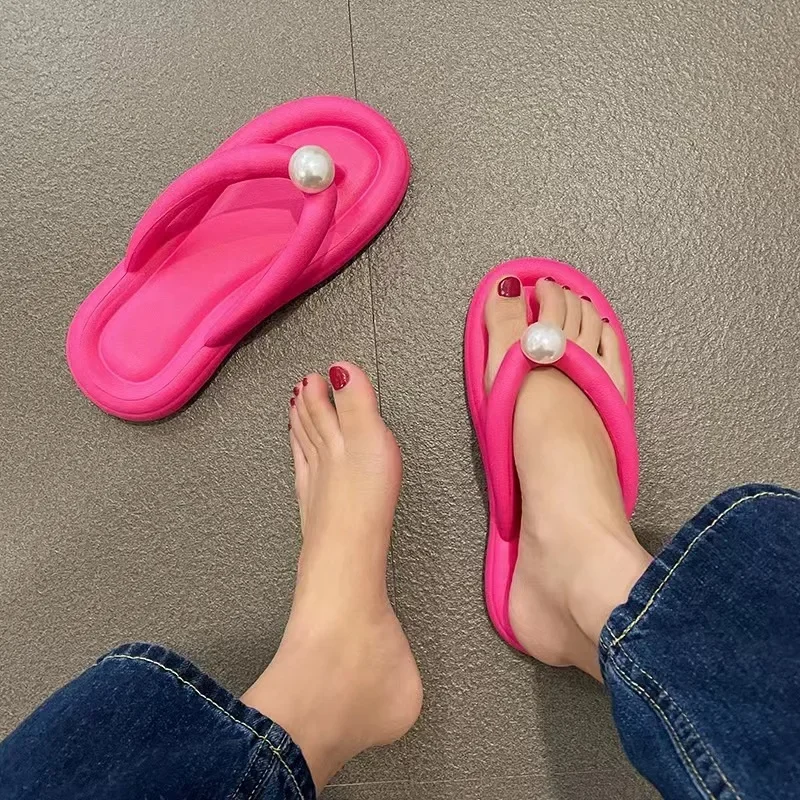 Fashion Pearl Soft Flip Flops for Women 2024 Summer Clip Toe Platform Pillow Slides Woman Light Non Slip Beach Slippers Sandals