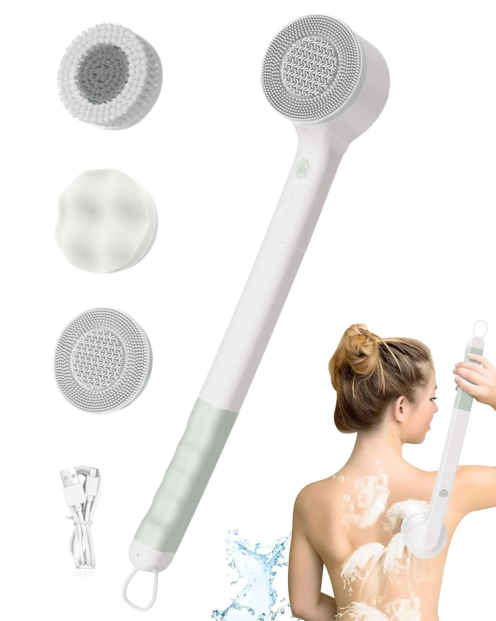 Electric Body Brush, Rechargeable Silicone Scrubber, IPX7 Waterproof Back Brush with Long Handle, and 3 Spin Brush Heads Suitabl