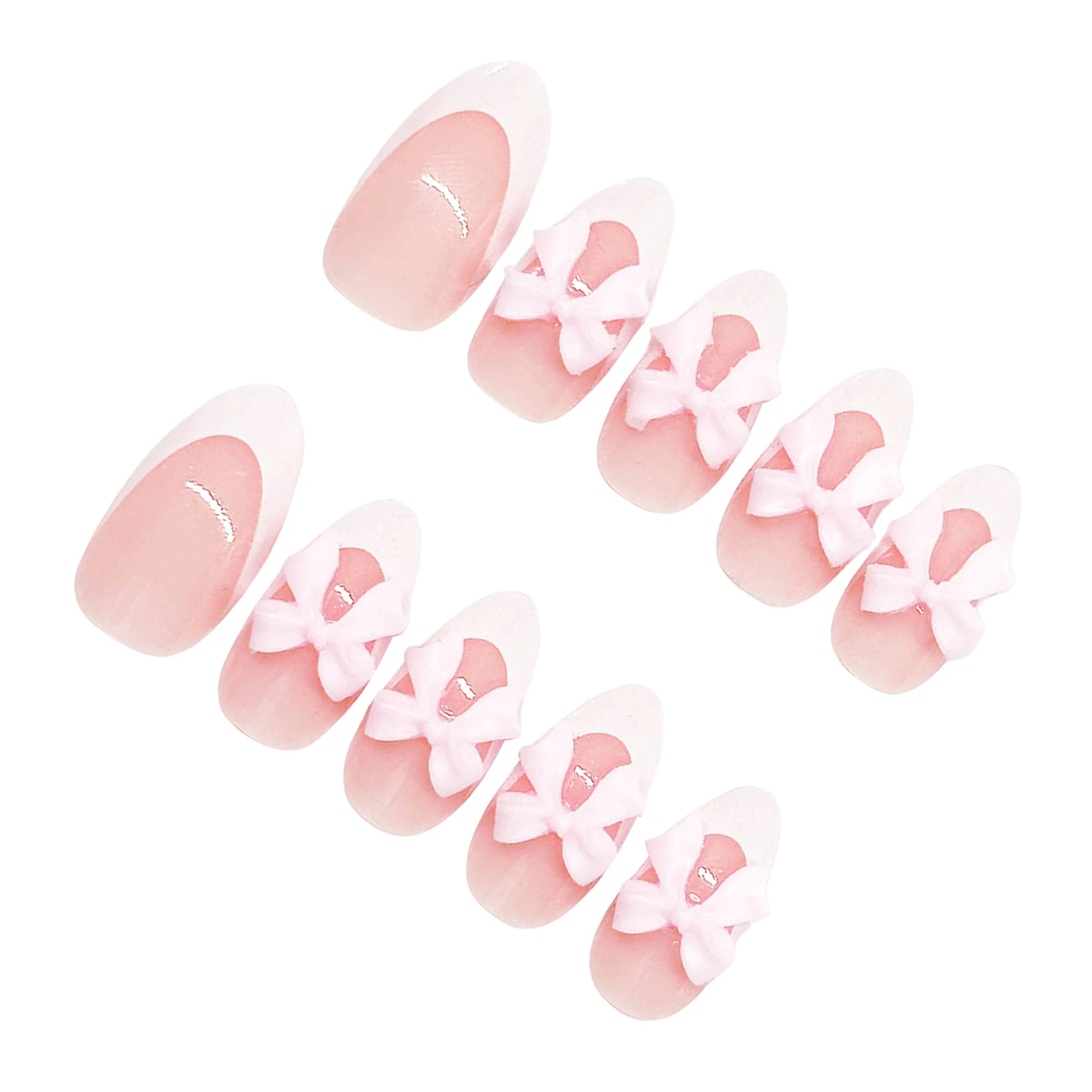 24 個甘いちょう結びプレスオンネイルホワイトエッジフレンチスタイル光沢のあるピンクアーモンド付け爪イン韓国ウェアラブル偽ネイルチップ