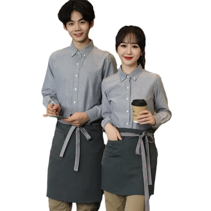 秋冬ウェイターホテル長袖シャツロビーマネージャー制服西洋レストランカフェライトグレーシャツ作業服