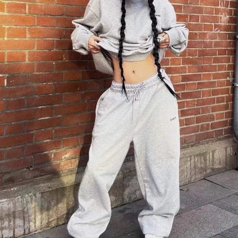 QWEEK Oversized Casual Woman Grey Sweatpants America Hip Hop Sports Baggy Pants Korean Fashion Streetwear Wide Leg Trousers