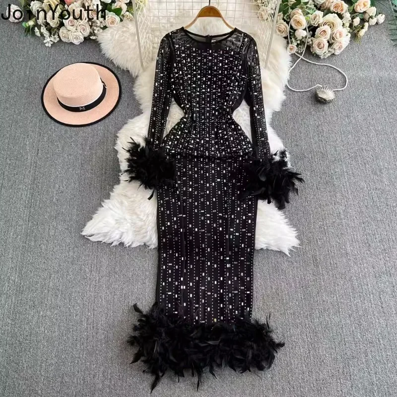 Maxi Dresses for Women O-neck Slim Waist Temperament Robe Femme Gauze Diamond Feather Sexy Party Dress 2024 Vestidos De Mujer