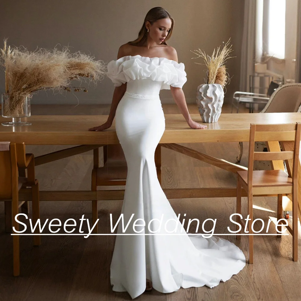 Sexy Off The Shoulder Boat Neck Mermaid Wedding Dresses for Woman Ruffles Sweep Train Vestidos De Novia Corset Bridal Gowns