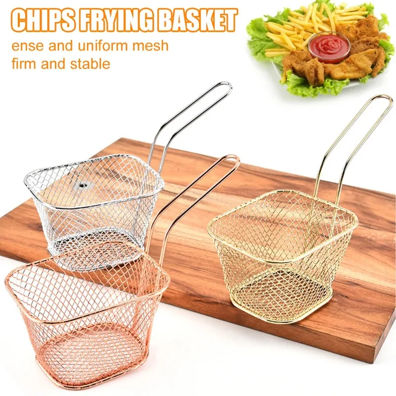 Square Fry Basket Metal French Fries Chips Holder with Handle Desk Food Presentation Mesh Basket Kitchen Food Network Filter