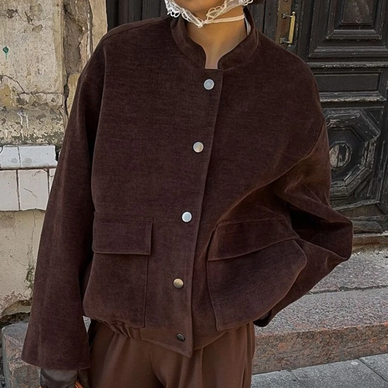 

Coffee Color Long-sleeved Jacket Women's 2025 Autumn Stand-up Collar Loose Jacket Single-breasted Corduroy Jacket Women