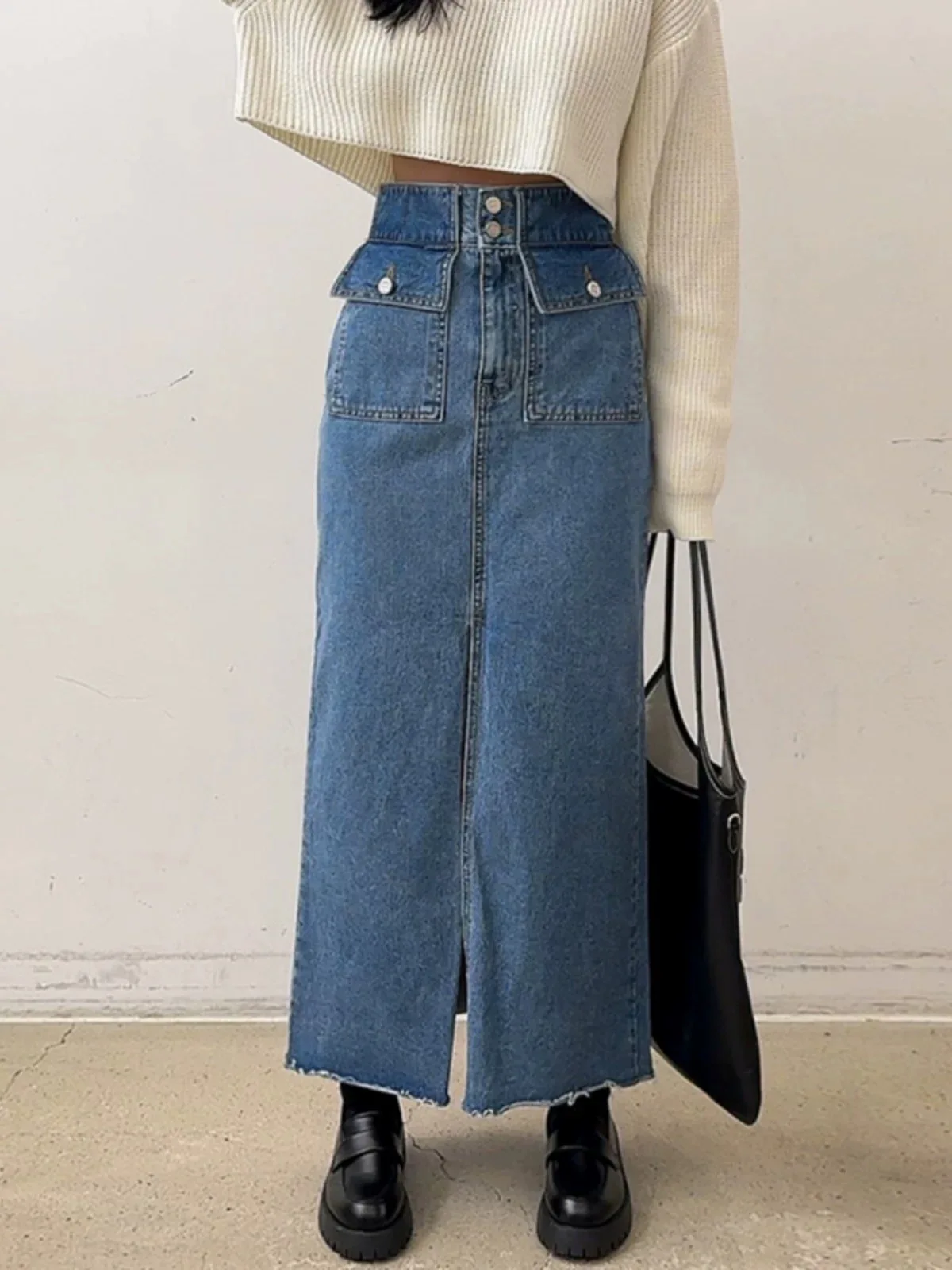 

Ele Versatile Retro Denim Skirt A749 Women's Faion High Waist Long Skirt Commute Sle Loose Fit Pure Color Summer 2025