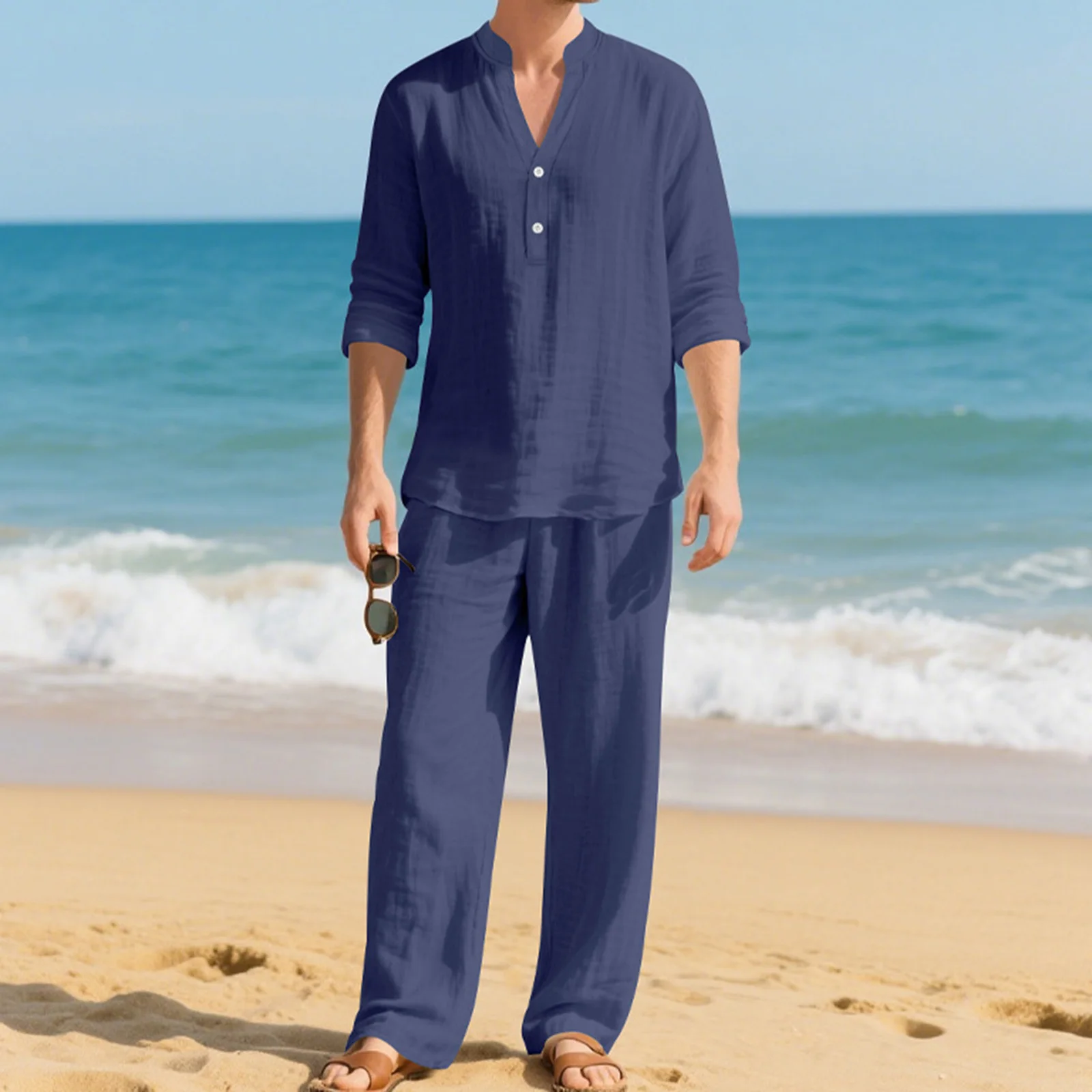 

Men’s 2 Piece Summer Outfits Long Sleeve Solid Color Henley Shirt + Pants Set Beachwear