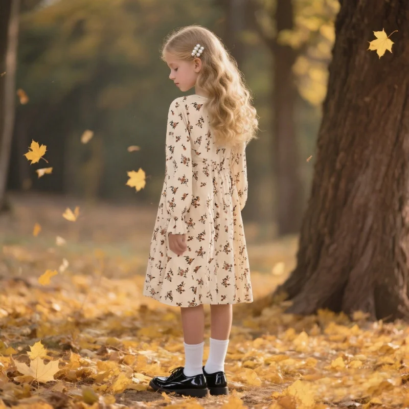 Gaun Lengan Panjang Motif Bunga Musim Semi dan Gugur 2025 untuk Anak Perempuan, Gaun Putri Model A dengan Pinggiran Daun Teratai, Kasual Serbaguna Retro