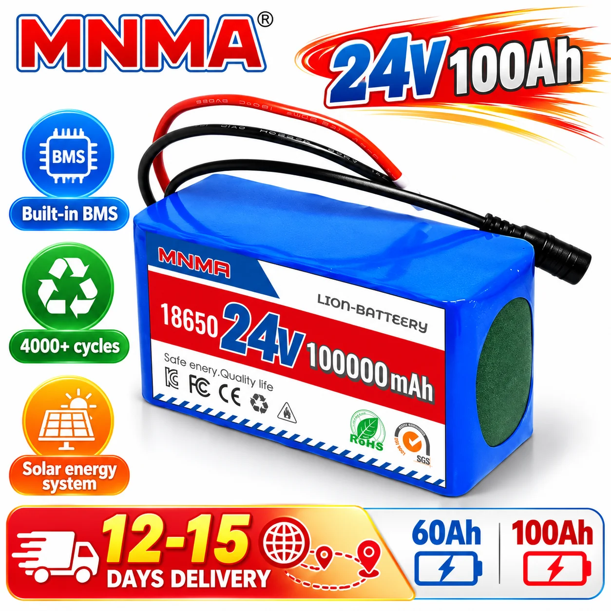 Rechargeable 24V 100Ah Li-ion Battery Pack 7S3P with 29.4V Charger, Built-in BMS for E-bike Electric Scooter Wheelchair Lighting