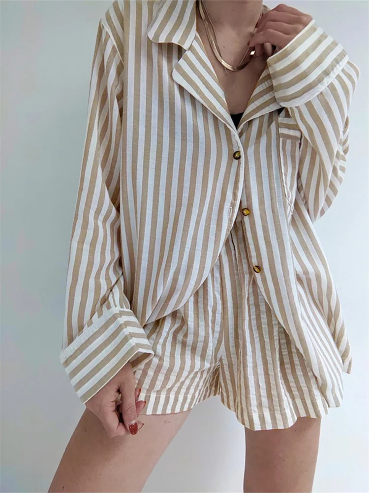 CHRONSTYLE Women Striped 2 Pieces Lounge Pajama Sets Short Sleeve Lapel Button Ups Shirts Tops Loose Casual Shorts Sleepwear Set