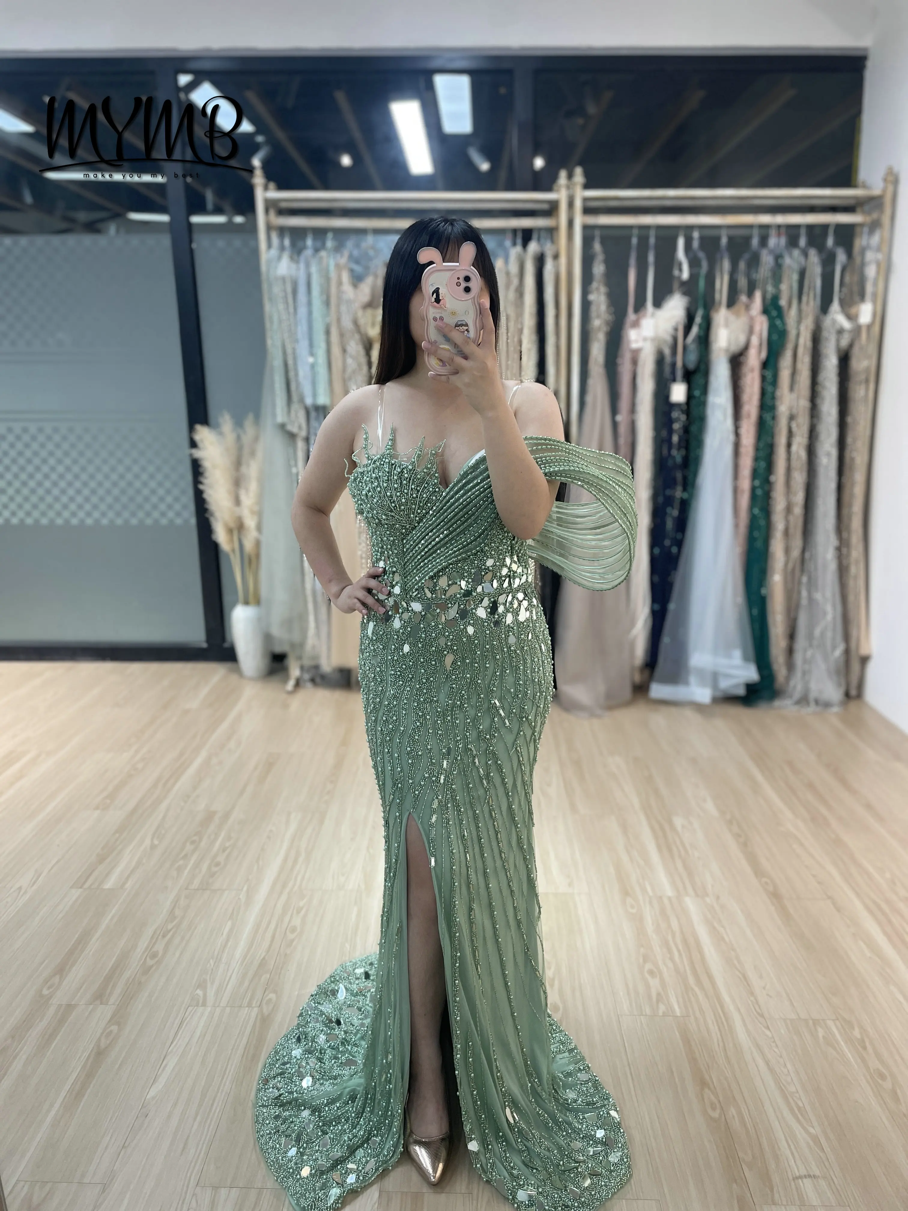 MYMB Glamorous Luxury Sexy Embellished Beads and Sequins Spaghetti Strap Open Back Crafted Bodice Sheath Gown Dresses MY30059-2