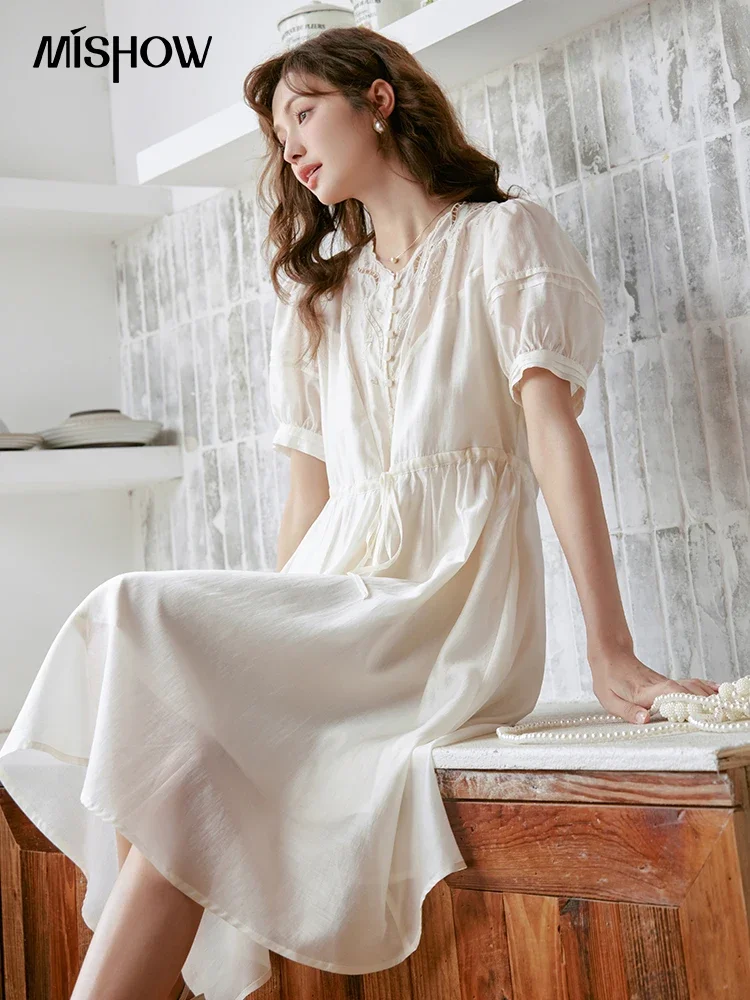 

MISHOW Women's Solid Dress 2023 Summer Bubble Sleeve Lace Embroidery V-Neck Waist Drawstring Holiday Midi Dresses MXC39L1539