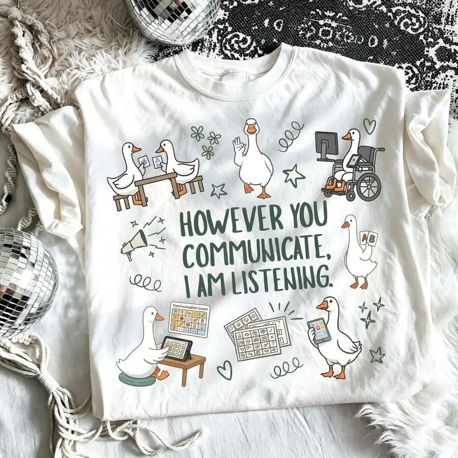 SLP Graphic Tee Special Education Teacher Short Sleeve T-Shirt Inclusion Duck Print Communication Board Top