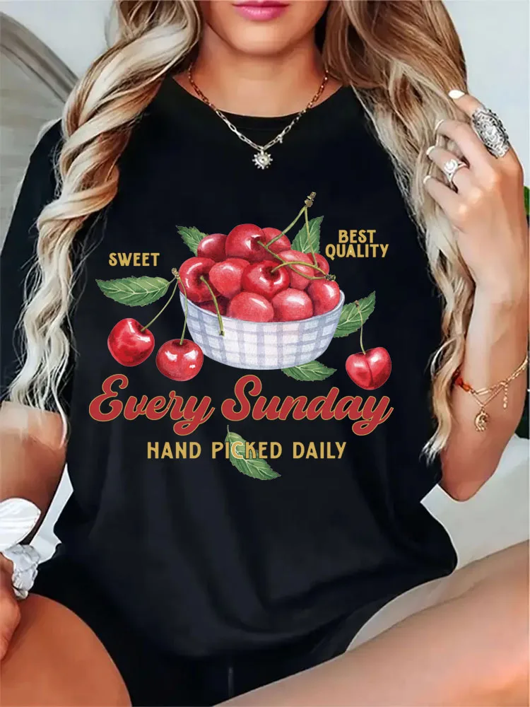 Retro Ästhetisches Gartenfrucht Shirt Jeder Sonntag Kirsche Grafik T-Shirts Frauen Cottagecore Kleidung Vintage Süßes Kirschliebhaber T-Shirt