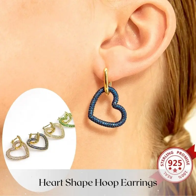 

1PCS 925 Silver Ear Needles Heart-shaped Pendant Hoop Earrings For Women Full Zircon Love Luxury Earrings Fashion Party Jewelry