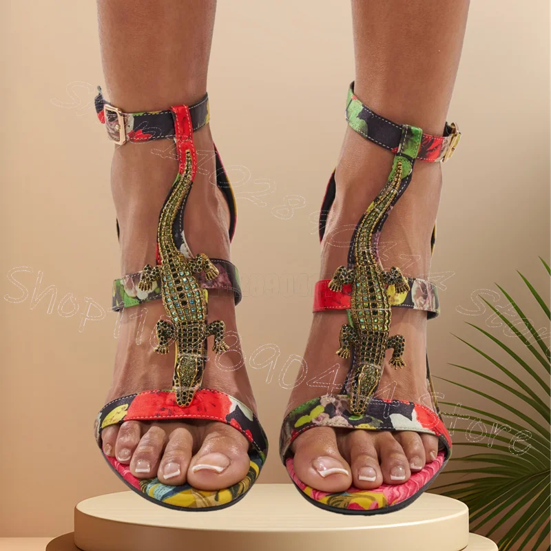 Crystal Animal Graffiti Print Metal Heel Sandals Buckle Strap Women Shoes Thin High Heels Open Toe New 2026 Zapatos Para Mujere