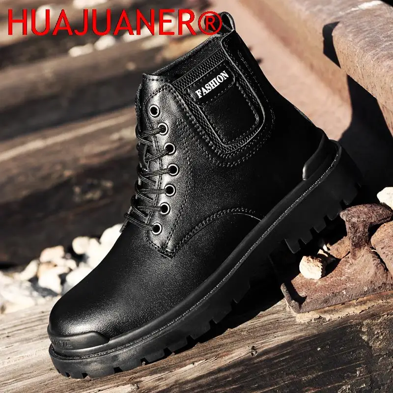 Fashion Genuine Leather Men's Ankle Boots Brand Popular Shoes For Men Winter Warm Fur Male Motorcycle Footwear Plus Size 38~48