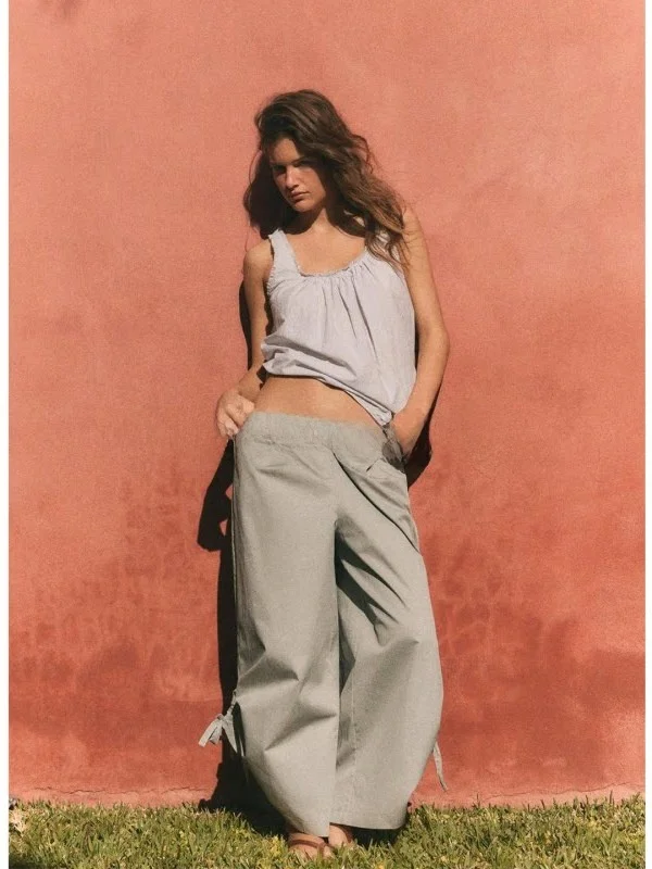 

Spring Summer Women's round Neck Back Crossed Wide Strap Gown Top Polyester Fiber Loose Fit Short Length Citywalk Outfit
