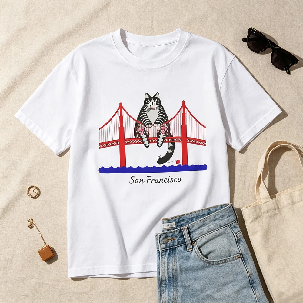 San Francisco Cat on Golden Gate Bridge Unisex Cotton TShirt City Souvenir Cat Graphic Tee Funny Travel Gift Shirt Women Clothes