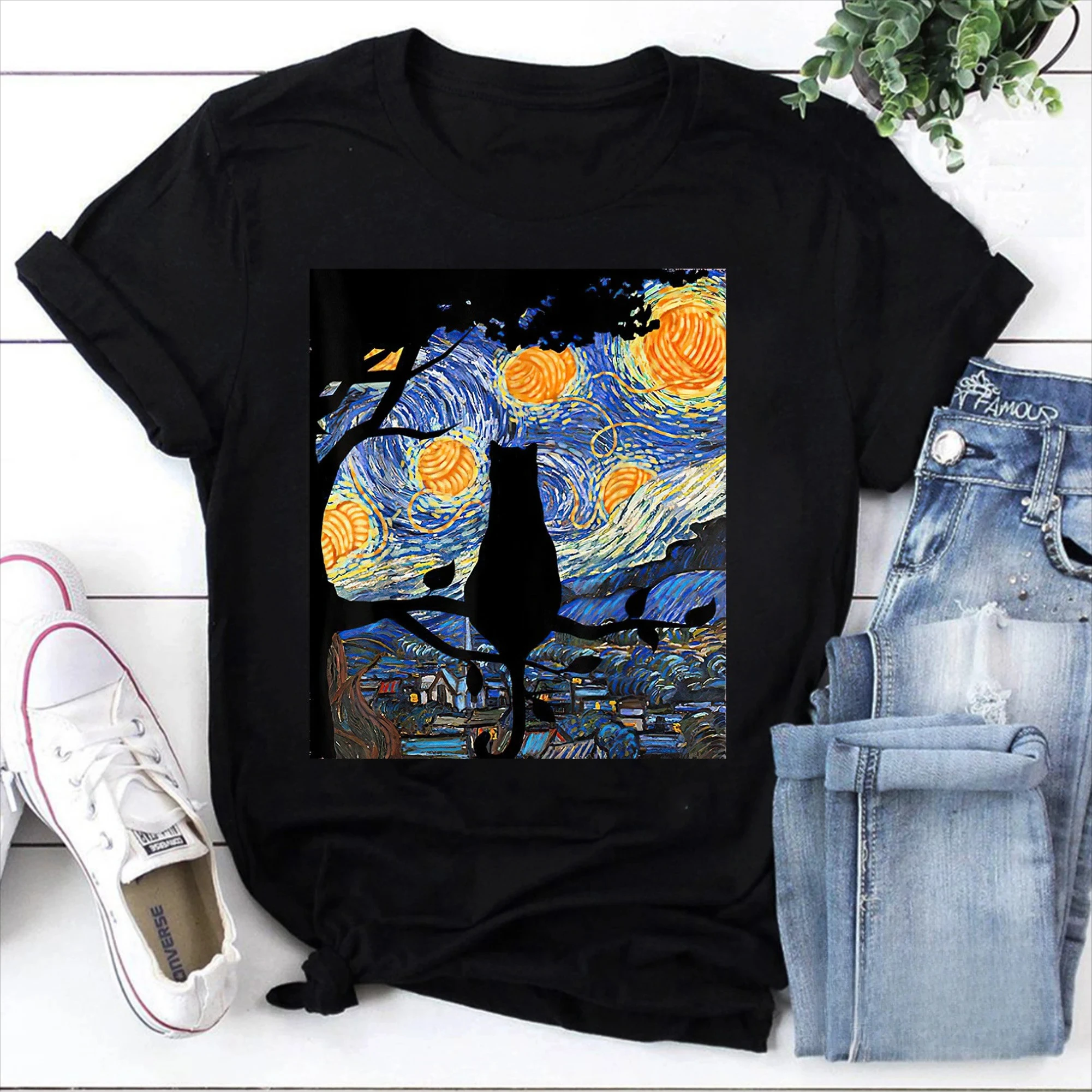 Camiseta Cat T Starry Night Cat, camiseta con diseño de gato de Van Gogh, camiseta de gato negro, camiseta de Van Gogh, camiseta de gato