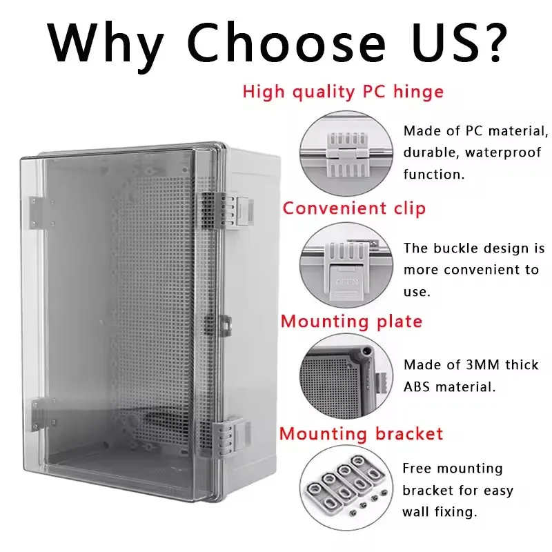 IP66 Waterproof Transparent Cover Enclosure Power Junction Box with Buckle ABS Plastic Outdoor Waterproof Electrical Box