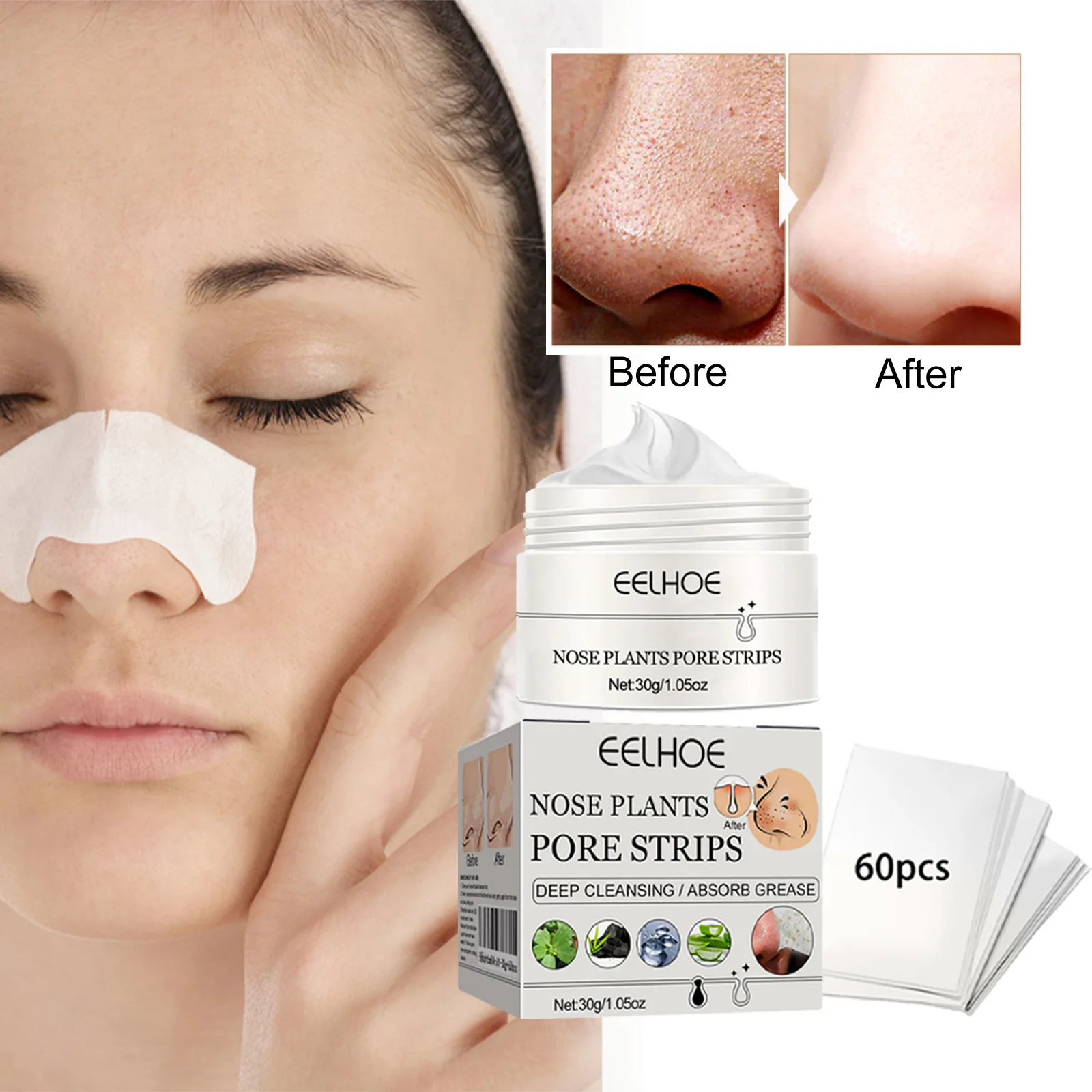 

New Blackhead Remover Nose Mask Pore Strip With 60pcs Paper Deep Face Cleaning Nasal Strips Peeling Acne Treatment Skin Care