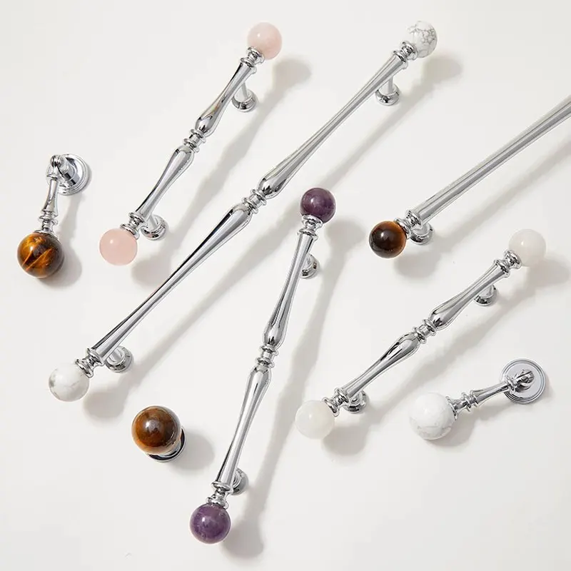 Natural Crystal with Brass Kitchen Cabinet Handles Chrome Bedroom Long Wardrobe Pulls Modern Elegant Copper Furniture Hardware