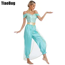 Womens Belly Dance Romper Arabian Princess Role Play Gems Adorned Sequin Halloween Costumes with Metallic Shiny Choker Collar