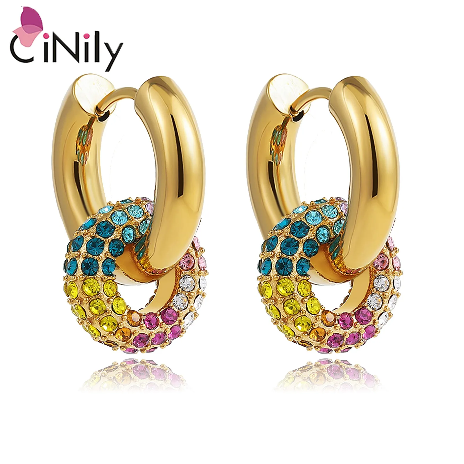

CiNily Delicate Double Hoop Earrings Colorful Crystal Yellow Gold Plated Small Hoop Earring for Women Girls Trendy Jewerly Gifts