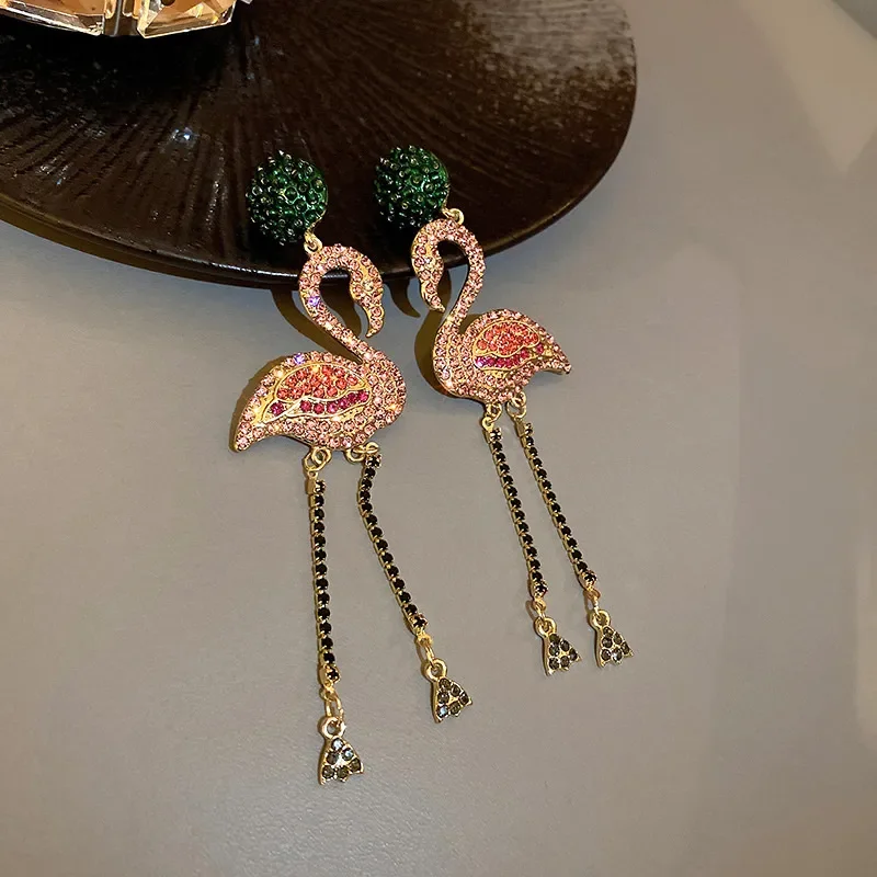 Pink Birds Crystal Earrings for Women Bijoux Long Tassel Rhinestone Dangle Earrings Statement Jewelry