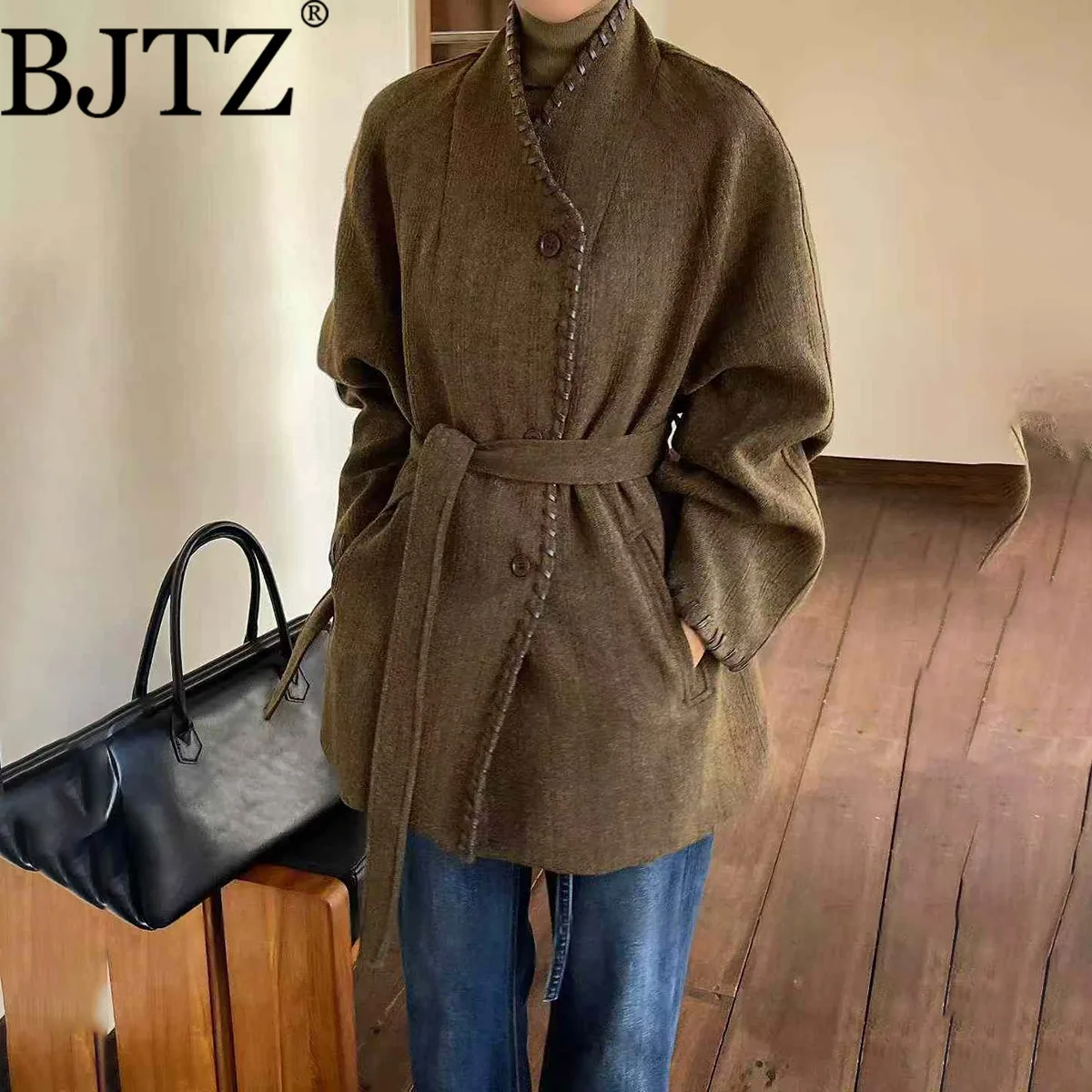 

BJTZ женская новая стеганая куртка 2025 года, пальто с поясом на талии и боковыми пуговицами, теплая осенне-зимняя верхняя одежда