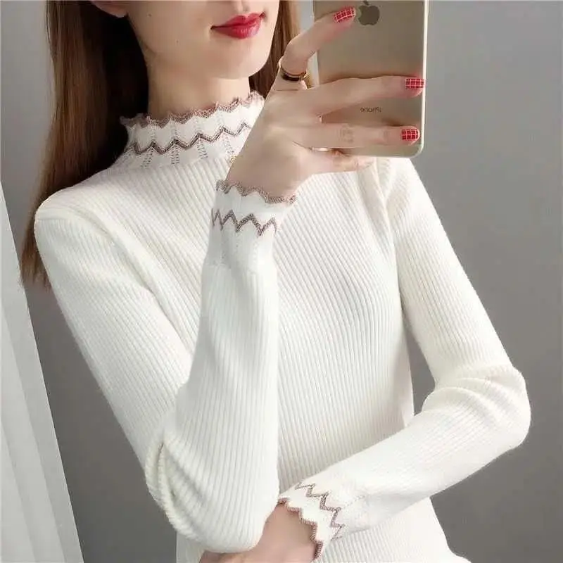 Women\'s Spring and Autumn New 2023 Fashion Half High Collar Lace Solid Color Long Sleeved Pullover Sweater Bottom Knitted Tops