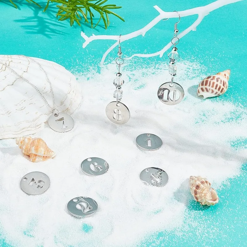 10Pcs 1-10 Number Charms Silver Stainless Steel Flat Round Hollow Disc Charms Lucky Numbers Metal Coins for Jewelry Making Charm