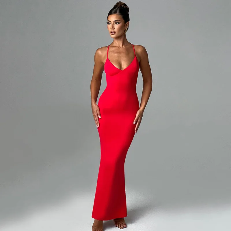 Women's Summer Dress V-neck Spaghetti Strap Sleeveless Backless Pleated Sexy Bodycon Club Party  Elegant Long Dress