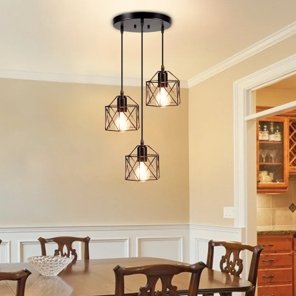 

3-light Industrial Pendant Lighting Fixture with Black Metal Cage Shade Adjustable Hanging for Kitchen Dining Room E26