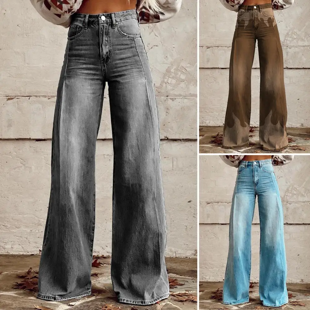 Women Wide Leg Pants High Waist 3D Print Casual Trousers with Pockets Button Zipper Closure Denim Pants
