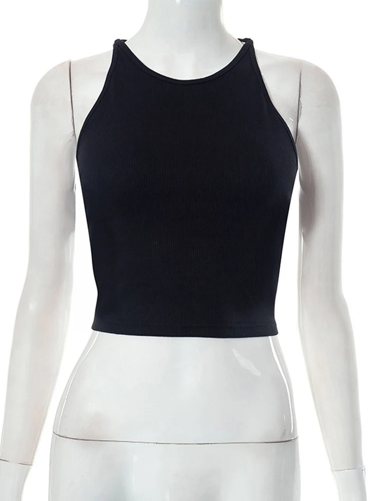 Y2K Short Waist Sleeveless Tank Top with Cross Drawn Back Strap and Hollow Out Sexy Outerwear