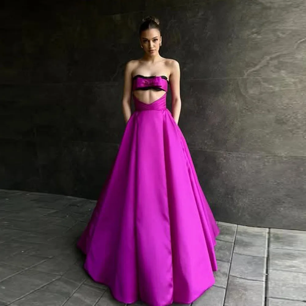 Couture Fuchsia Satin Long Formal Dresses With Cute Bow And Pockets Hollow Out A-line Women Party Dress Maxi Gowns