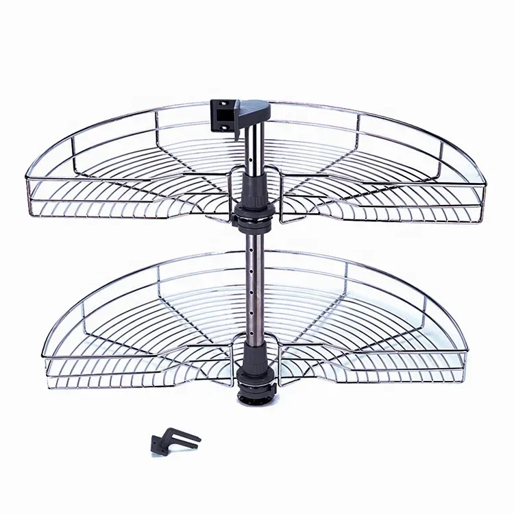 2 Tiers 180 Degree Magic Corner Pull Out Basket Soft Close Round Wire Multifunctional Revolving Slide Out Basket Kitchen Storage