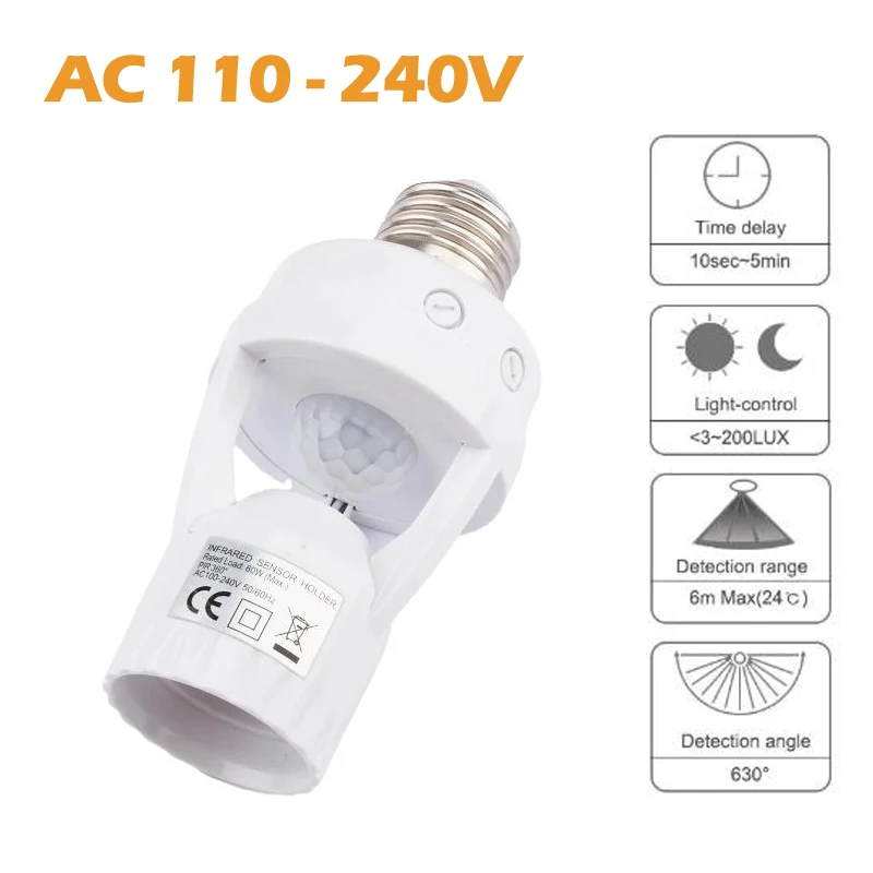 VzzUoo 360 Degrees PIR Human Induction Motion Sensor LED Night Lamp Socket Base E27 AC 110V-240V Delay Time Adjustable Switch