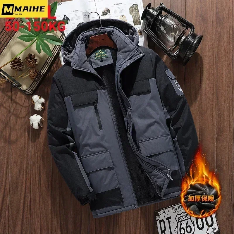 Casaco impermeável de bolso múltiplo com capuz masculino, Parka quente, forro grosso de lã, à prova de vento, casacos ao ar livre, 9XL, 8XL, 7XL, inverno