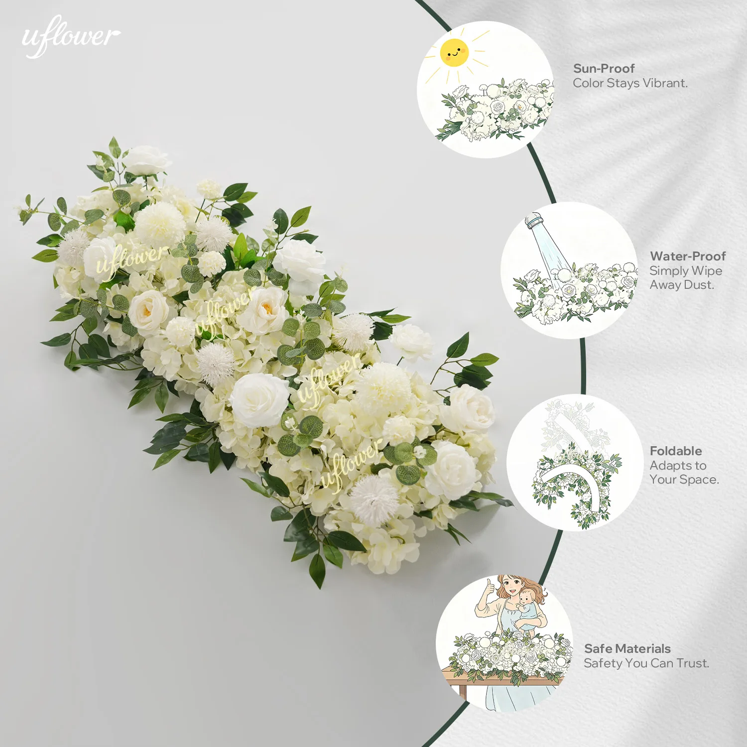 

100X30CM Uflower White Rose Greenery Artificial Flowers Row Table Centerpiece DIY Wedding Decoration Floral Backdrop Party Props