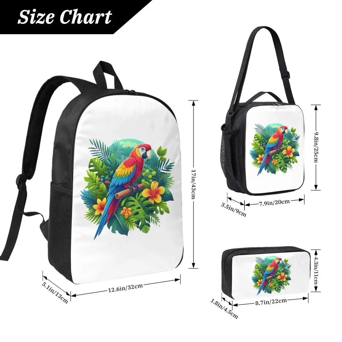 Colorful Tropical Parrot With Flowers Print Backpack BookBag School Bag Shoulder Bags 3ps Insulated Lunch Bag Pencil Case