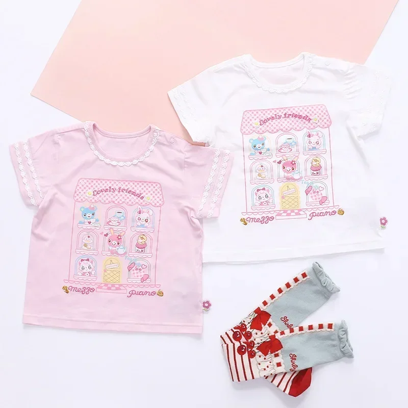 

Pianist Kids Girl Cartoon Candy House Bunny Print Embroidered Short Sleeve Lace Collar T-Shirt