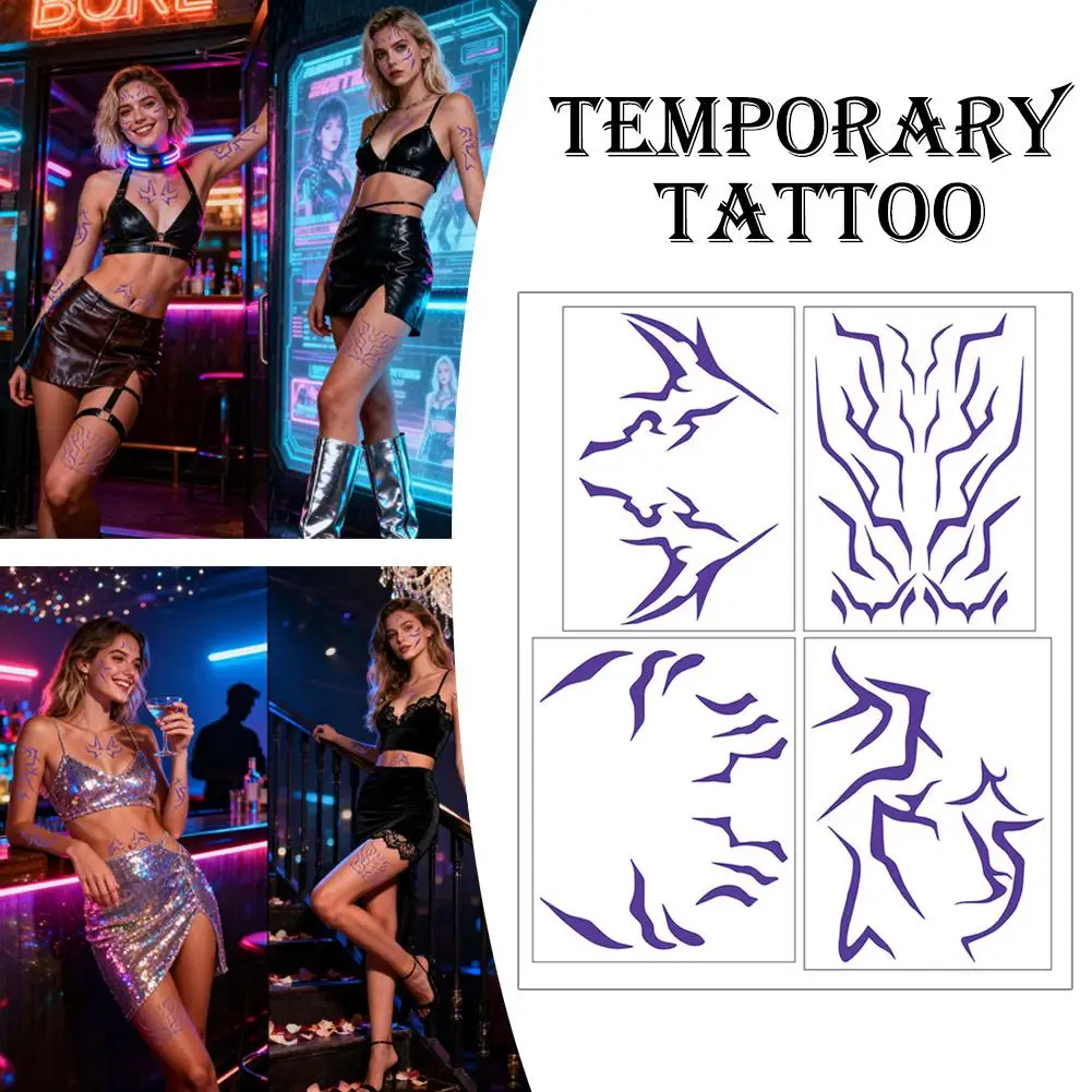 أنيمي الأرجواني ماكياج الوشم ملصقات الشيطان كامل الجسم الليزر البرق ملصقات 4 ورقة / مجموعة